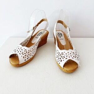 Spring Step Footsie Slingback Wedge Sandals White‎ Leather Laser Cut Floral 8